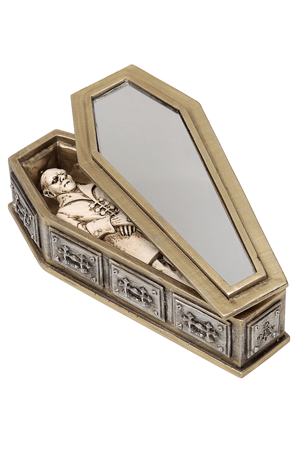 Gothic Nosferatu's Rest Casket featuring intricate vampire design and mirror detail.