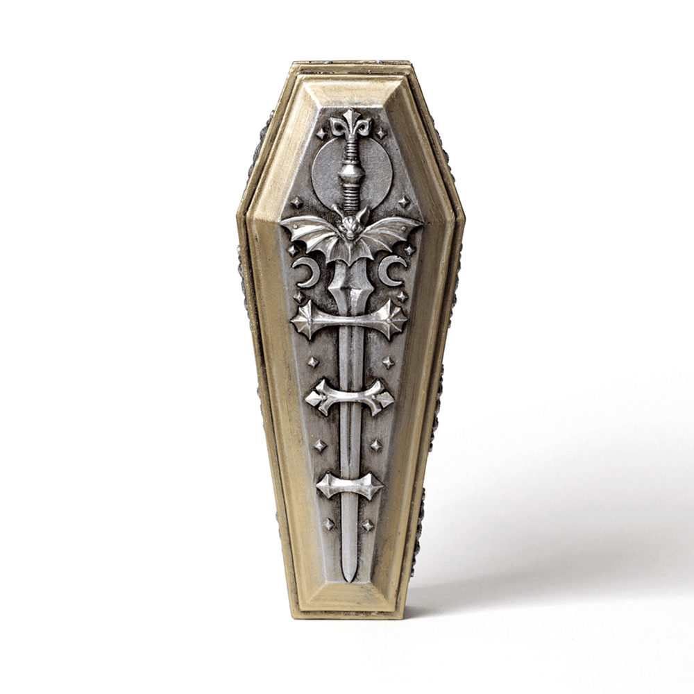 Gothic Nosferatu's Rest casket with bat-hilted sword and intricate vampire design, perfect for dark decor.