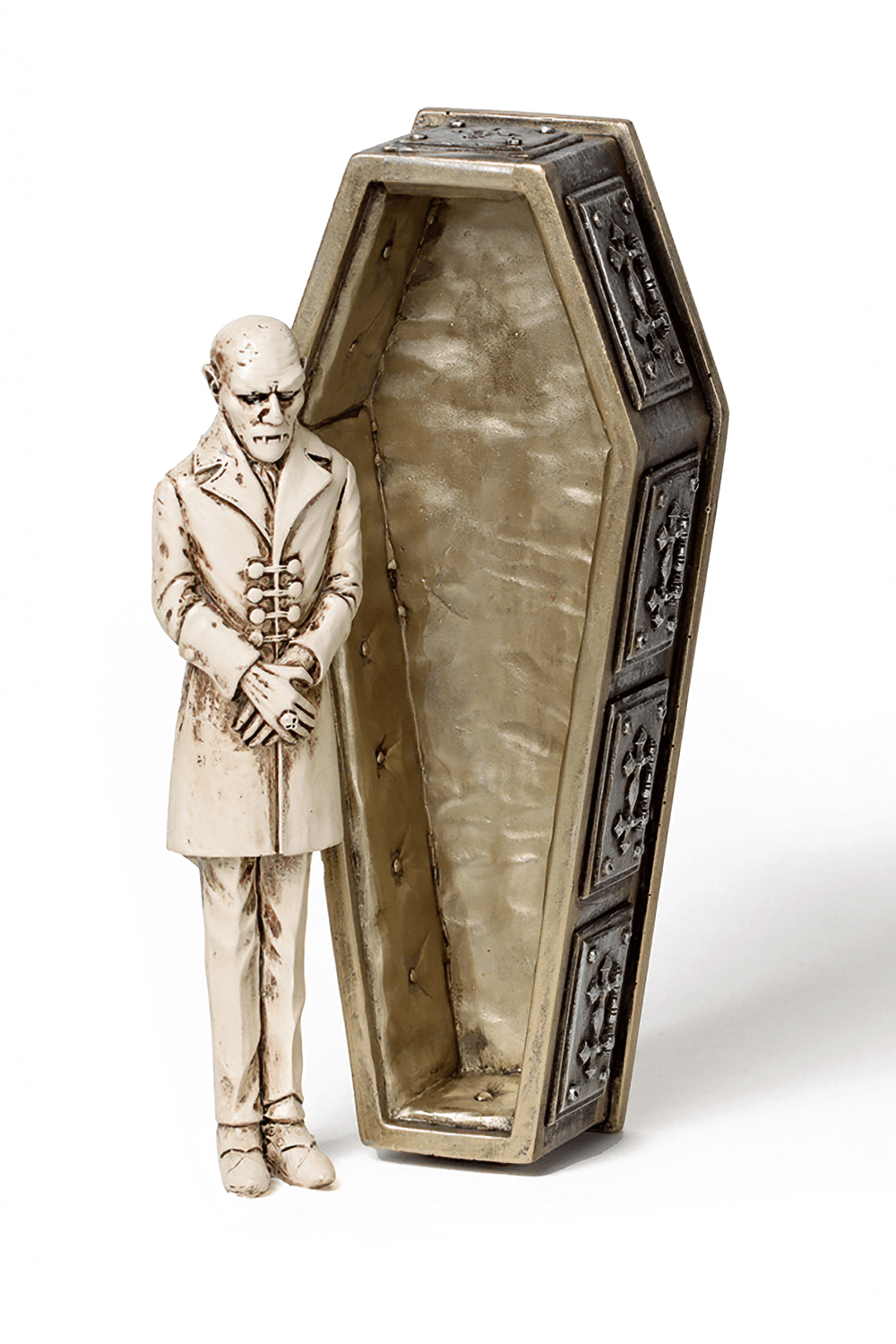 Gothic Nosferatu's Rest casket with vampire figure; intricate design perfect for spooky decor enthusiasts.