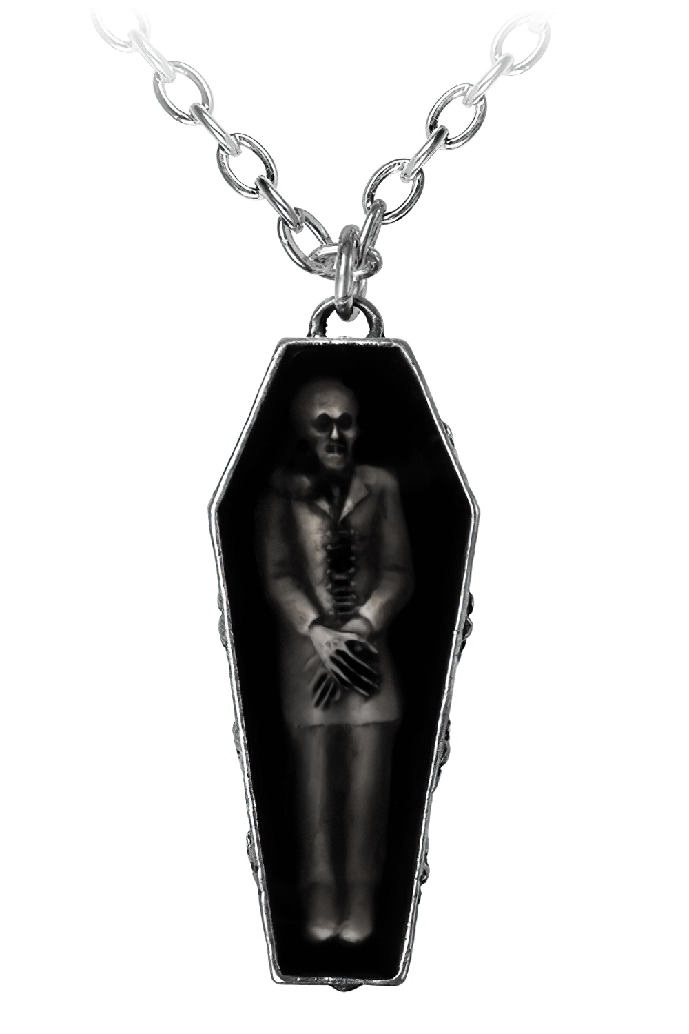 Nosferatu's Rest Coffin Pendant featuring a ghostly figure in a smoked enamel coffin, perfect for gothic jewelry lovers.