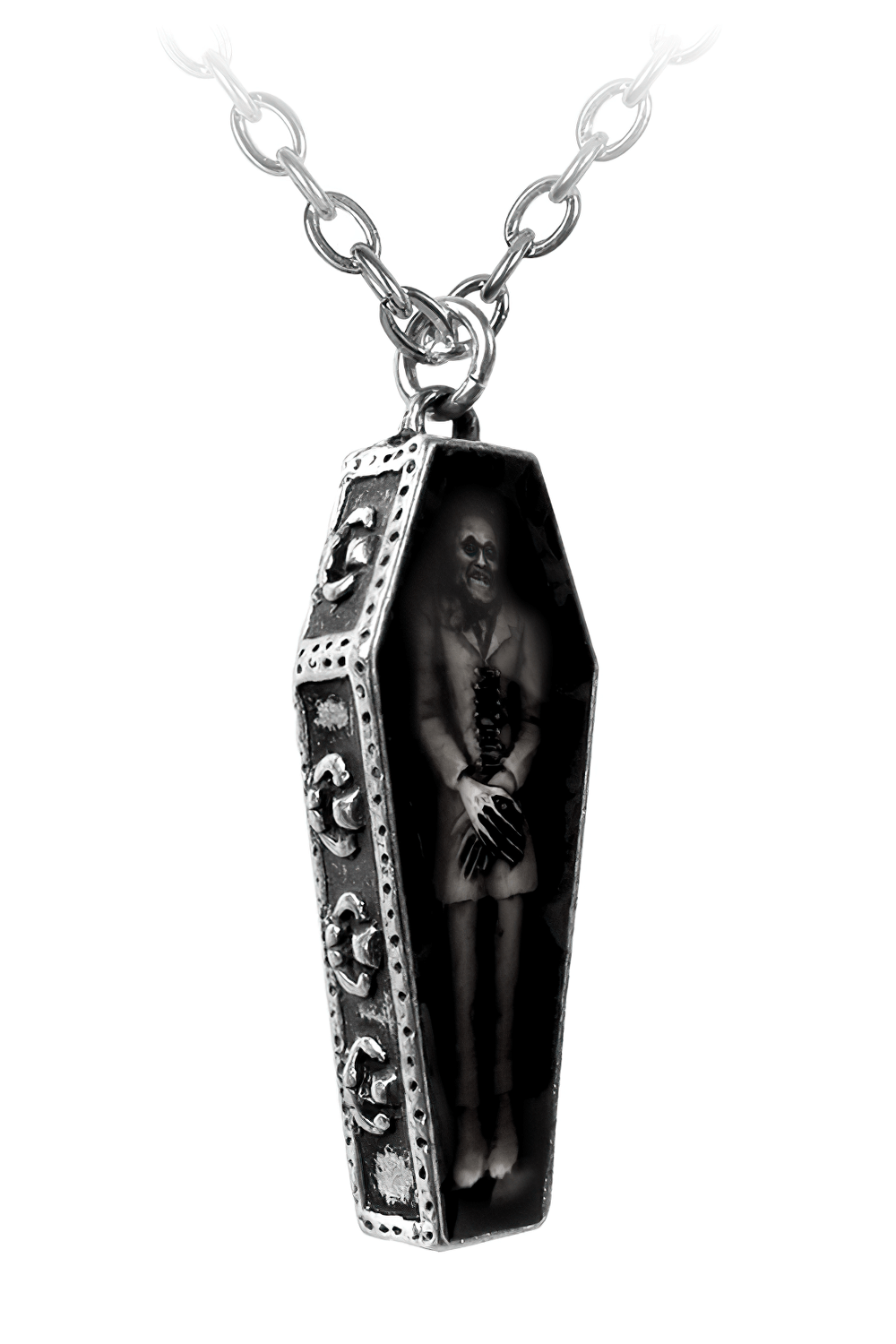 Nosferatu's Rest Pendant: pewter coffin with ghost-white resin figure, perfect for gothic vampire jewelry lovers.