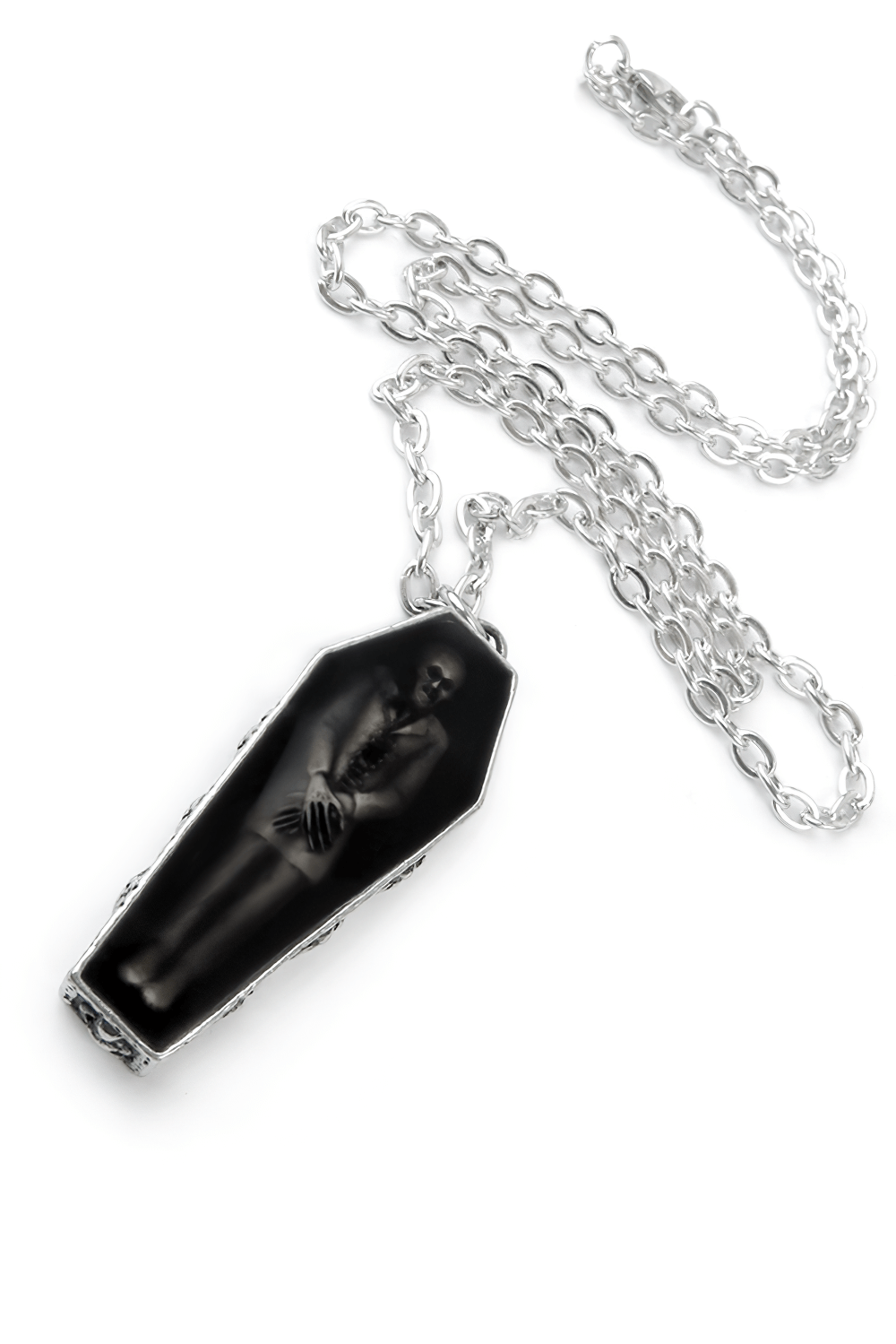 Gothic Nosferatu coffin pendant necklace with a ghostly figure, perfect for vampire enthusiasts.