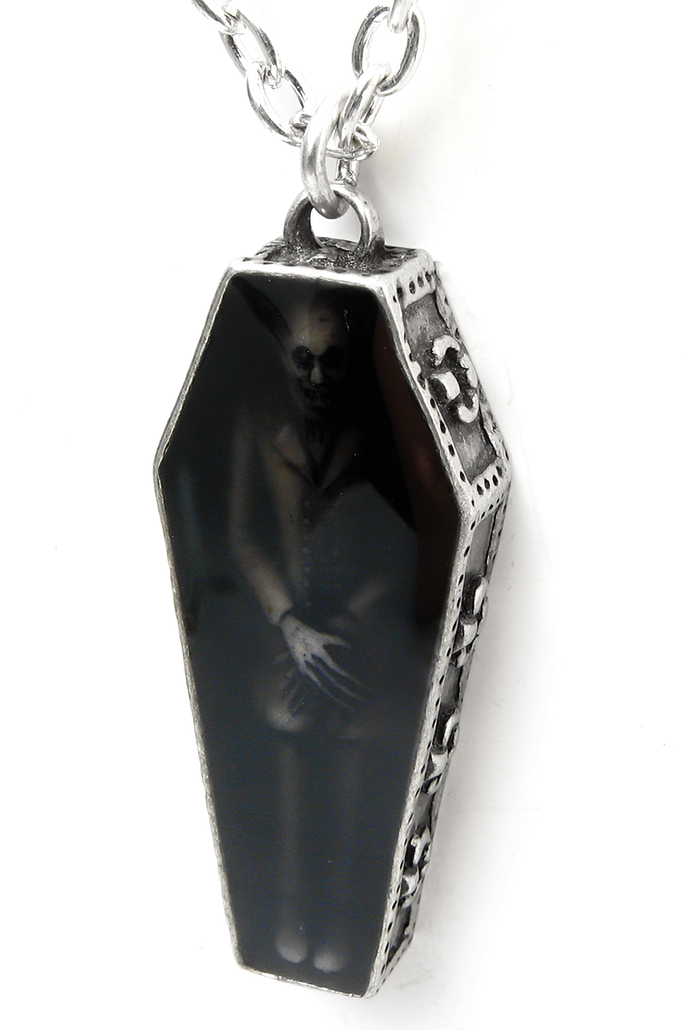 Nosferatu's Rest gothic pendant featuring a pewter coffin with Nosferatu's ghostly figure inside.