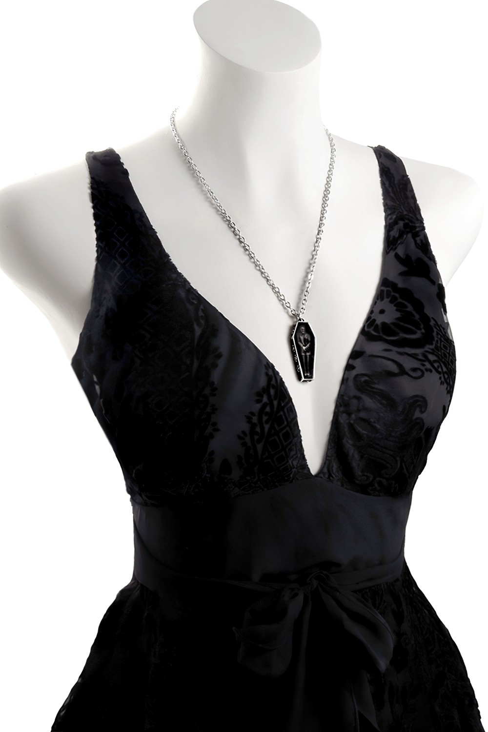 Stylish black dress featuring Nosferatu's Rest coffin pendant, perfect for gothic fashion lovers.