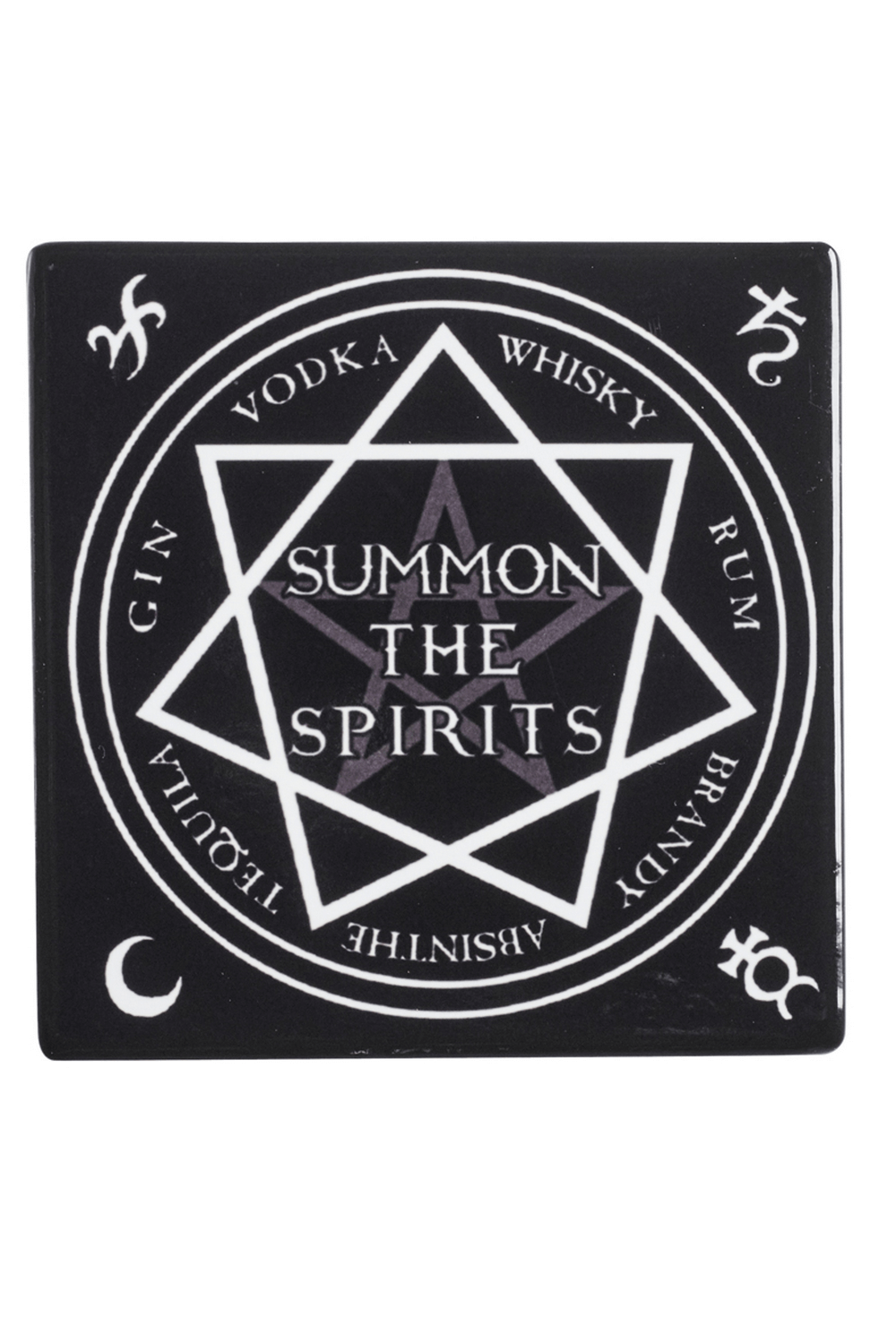 Occult coaster with 'Summon the Spirits' design, featuring liquor names and mystical sigils.