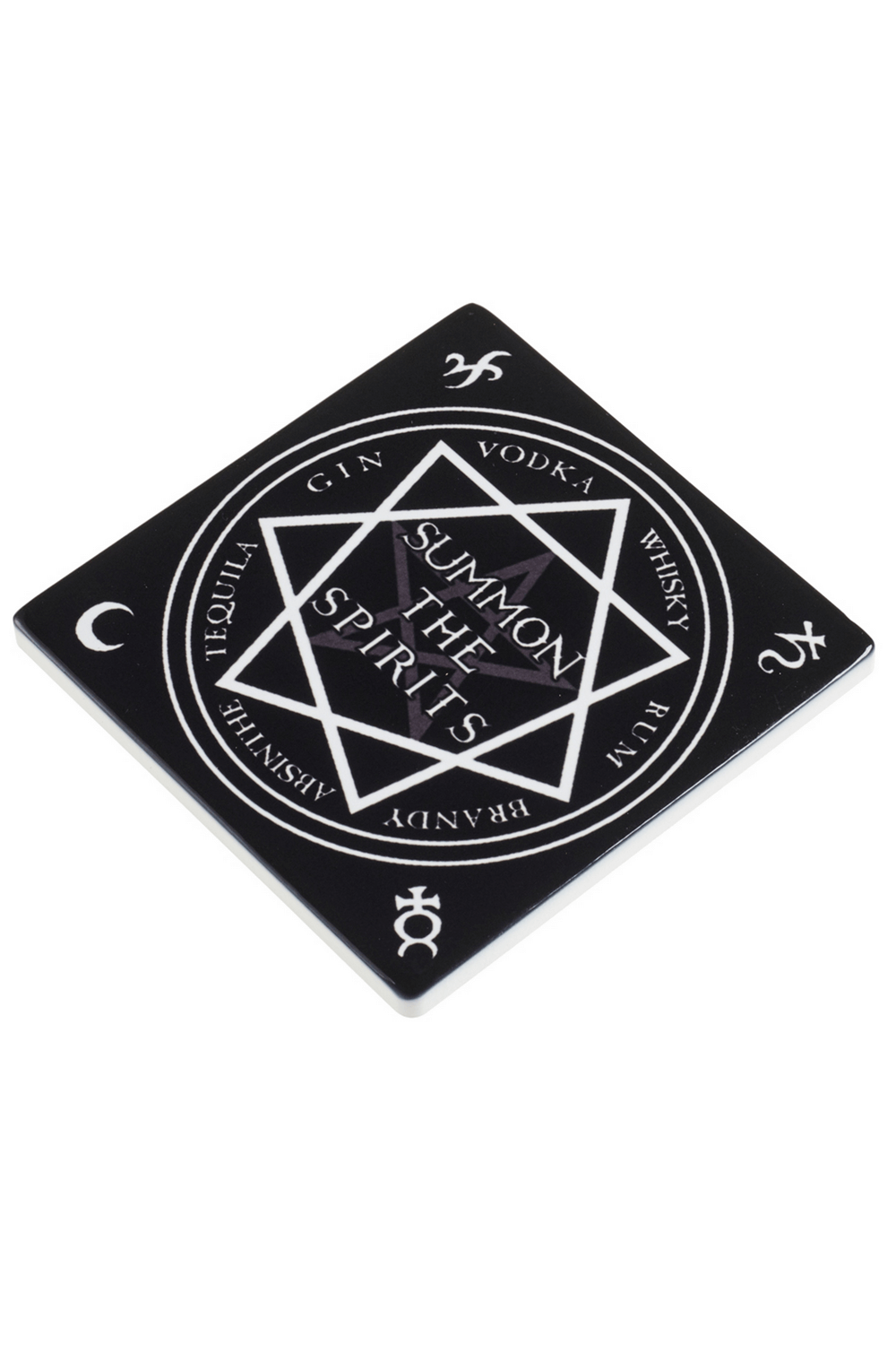 Occult coaster with 'Summon the Spirits' design, featuring liquor names and mystical sigils for gothic home bars.