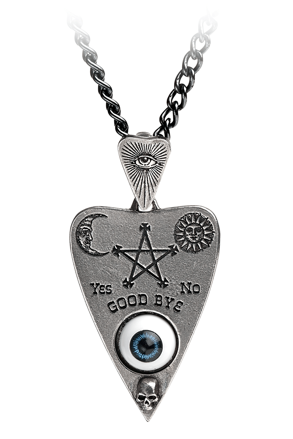 Occult Eye Planchette Pendant with pentagram, lunar, solar symbols, and synthetic eye, perfect for mystic enthusiasts.