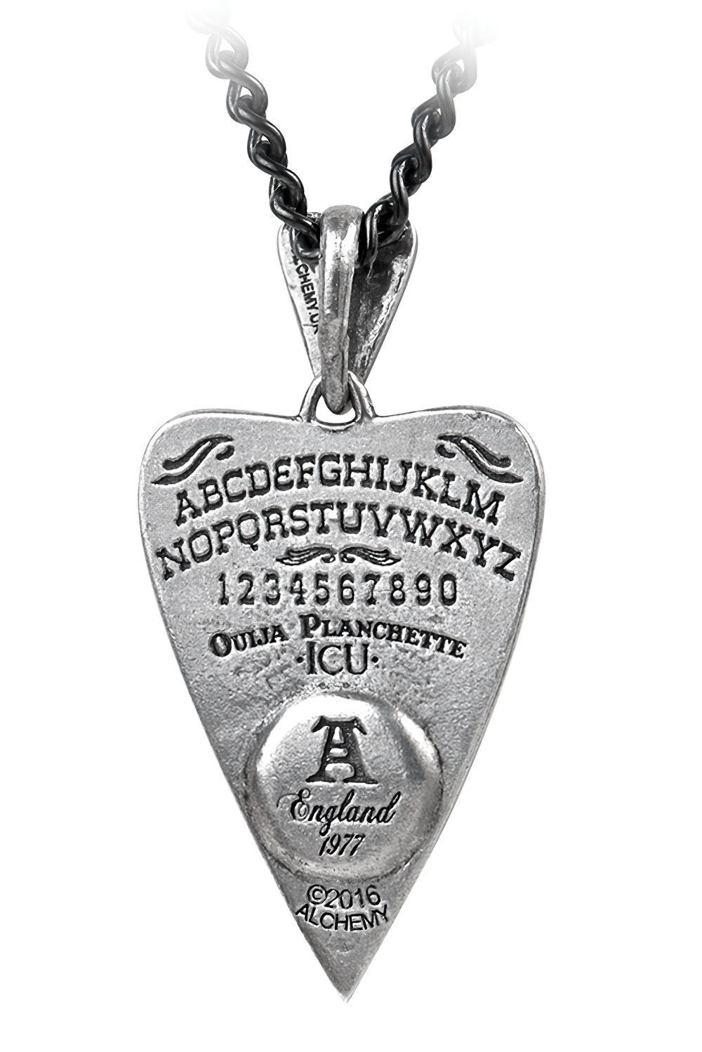 Pewter Occult Eye Planchette Pendant Necklace featuring spirit board alphabet and 'ICU' engraving.