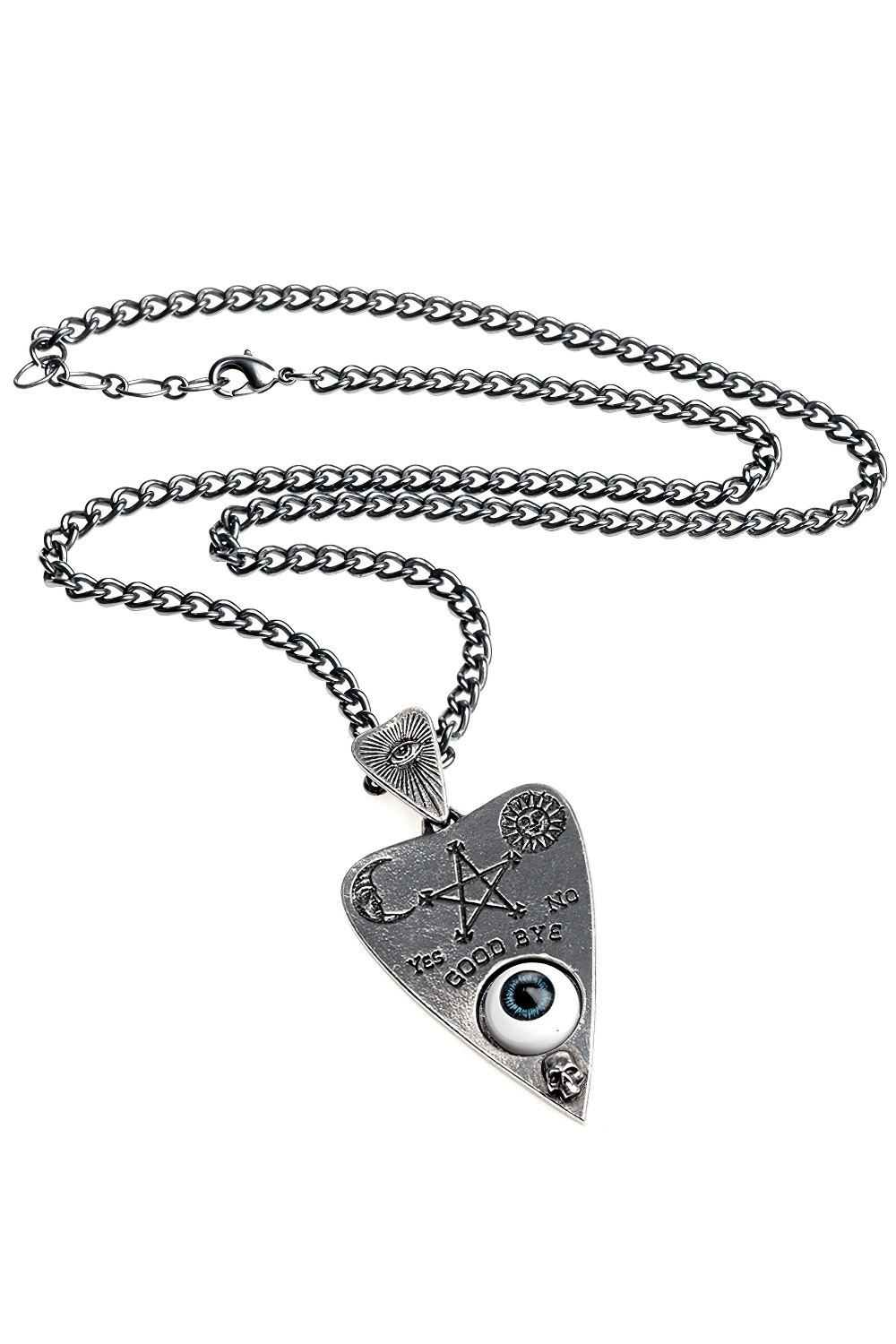 Occult Eye Planchette Pendant Necklace with pentagram and all-seeing eye, perfect for mystic divination.