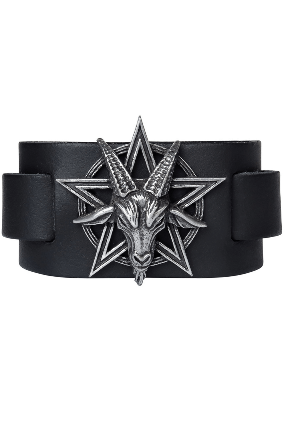Occult goat head leather bracelet with pentagram; a stylish gothic wristband for mystics and dark souls.