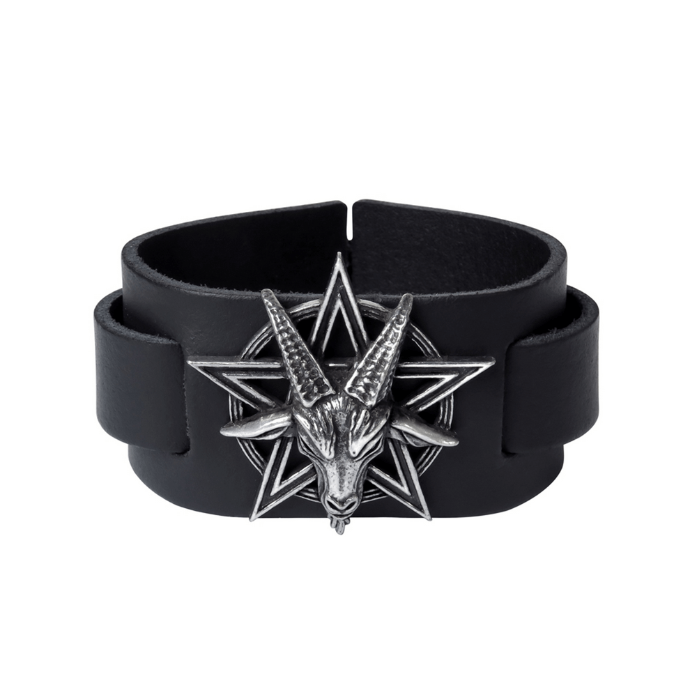 Occult goat head leather bracelet with pentagram for dark souls, featuring pewter details and adjustable fit.