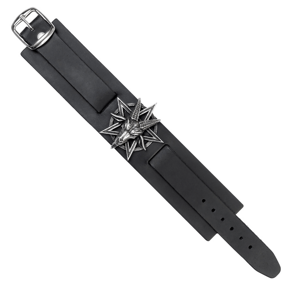 Occult Goat Head Leather Bracelet with pentagram symbol, adjustable buckle, dark aesthetic for mystical styles.