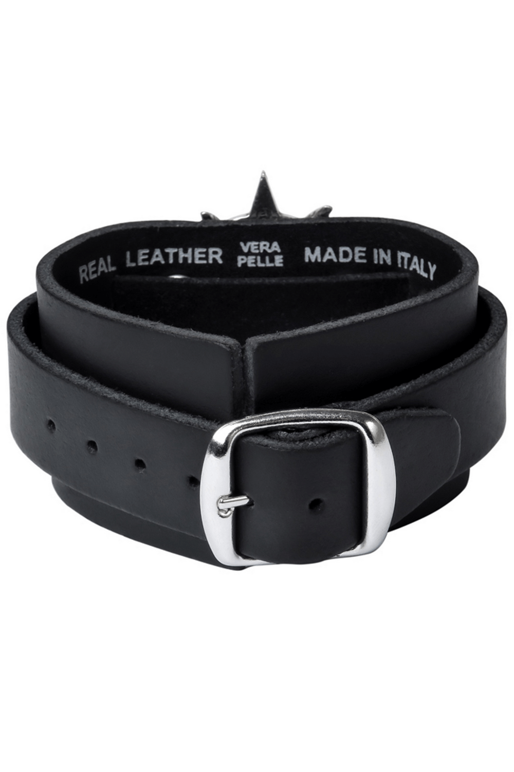 Black leather bracelet with adjustable buckle, featuring a stylish design, perfect for a gothic look.