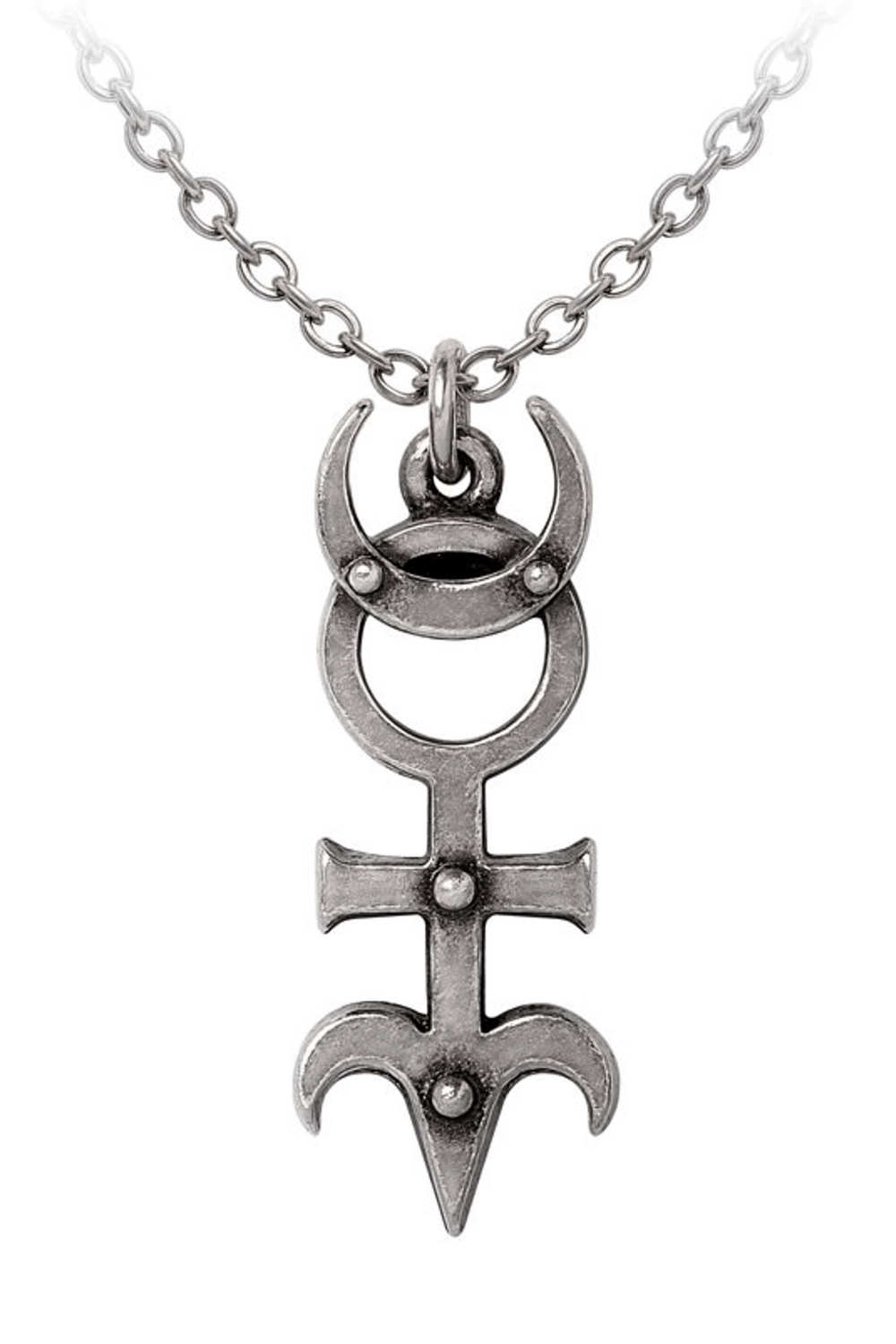 Occult Pewter Monad Pendant with Esoteric Symbolism on a chain, featuring mystic alchemical design.