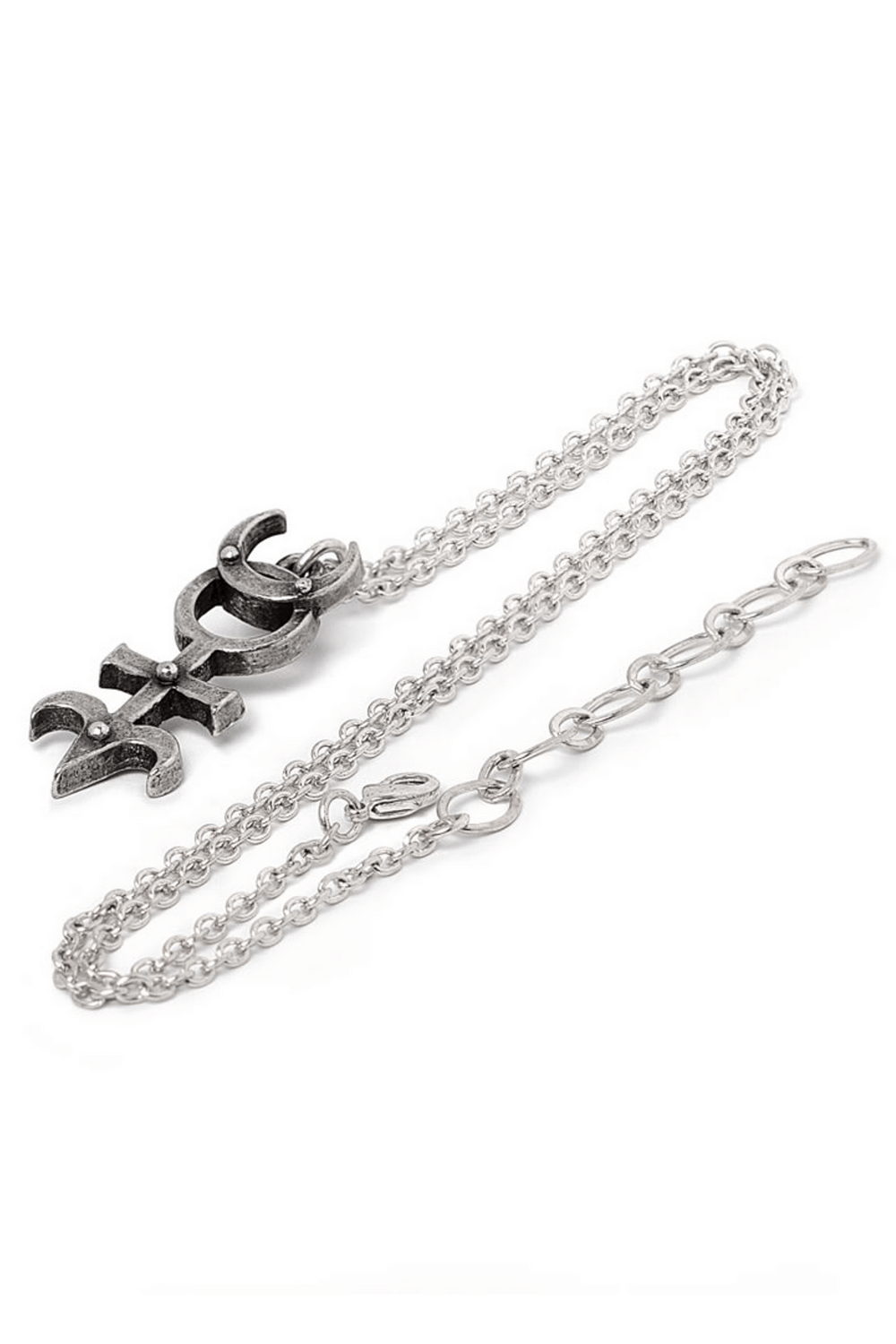 Occult Pewter Monad Pendant with Esoteric Symbolism on a chain showcasing intricate detail and design.