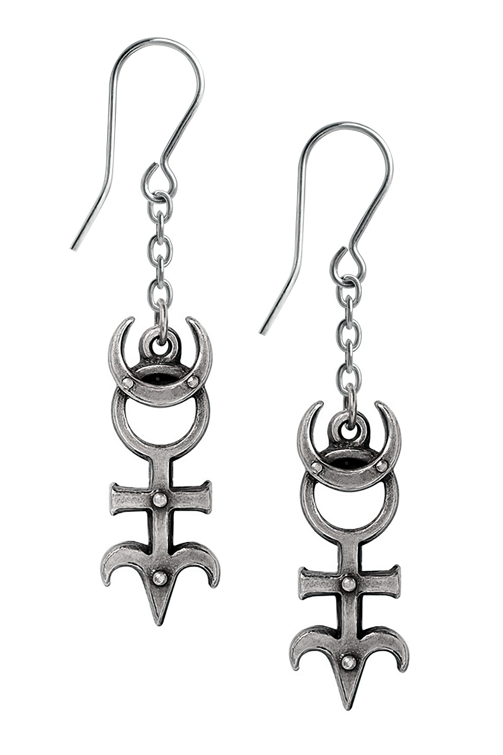 Occult Pewter Moon and Monad Symbol Drop Earrings hanging delicately on a chain, showcasing esoteric symbols.