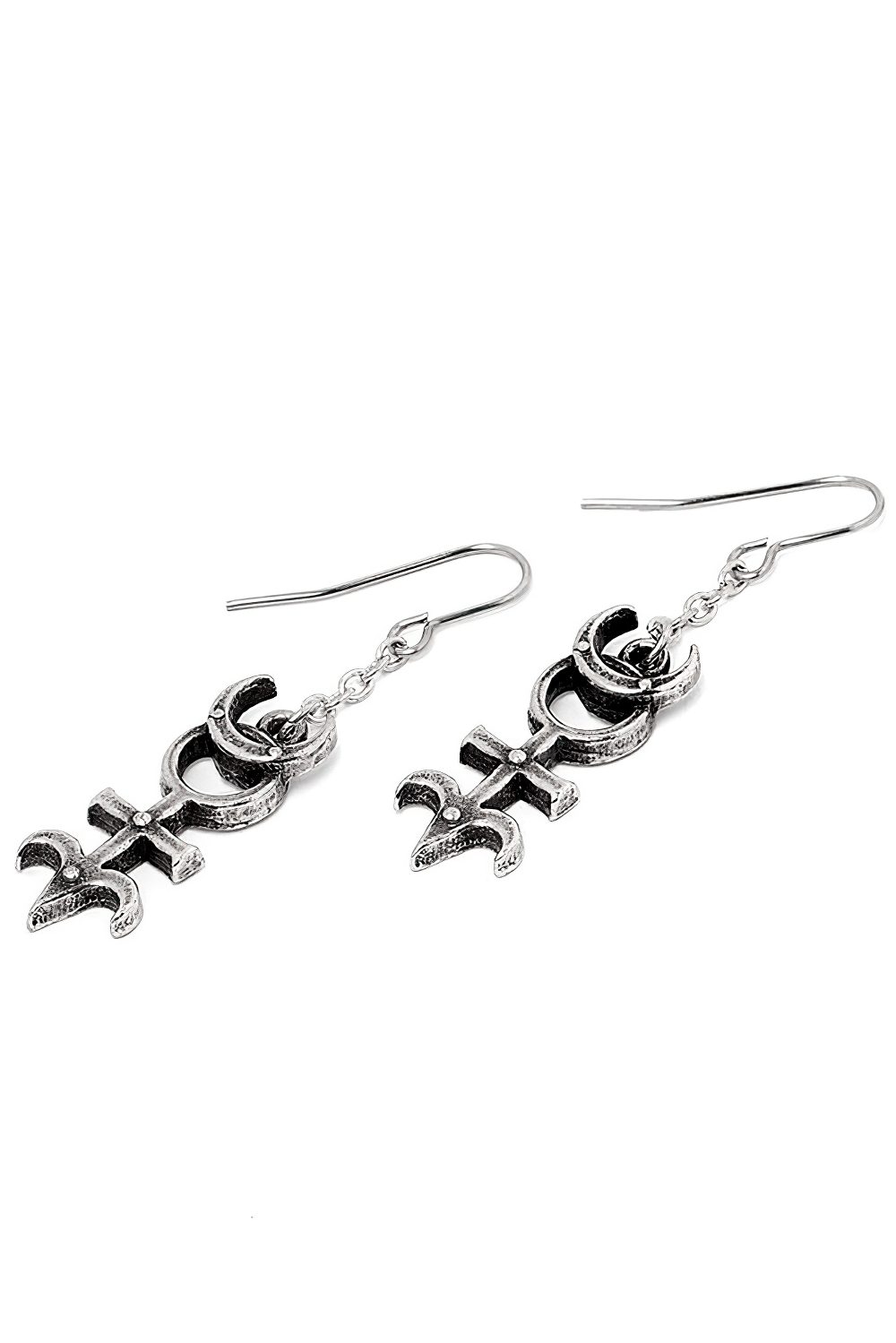 Occult Pewter Moon and Monad Symbol Drop Earrings, featuring lunar and solar symbols in handcrafted fine pewter.