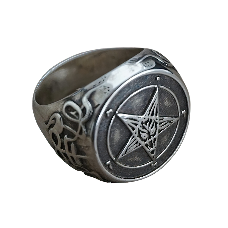 Occult Print Stainless Steel Ring / Gothic Satan Jewellery With Pentagram - HARD'N'HEAVY