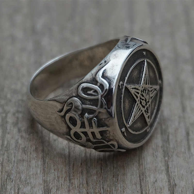 Occult Print Stainless Steel Ring / Gothic Satan Jewellery With Pentagram - HARD'N'HEAVY