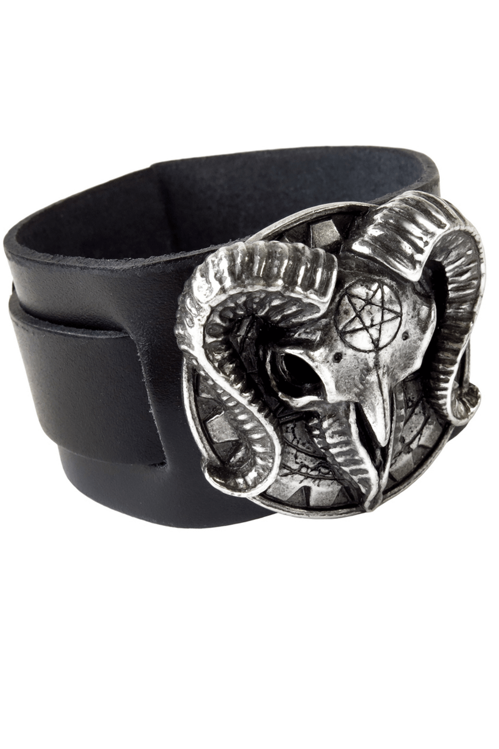Gothic occult ram skull leather bracelet with pewter detail and pentagram for dark fashion lovers.