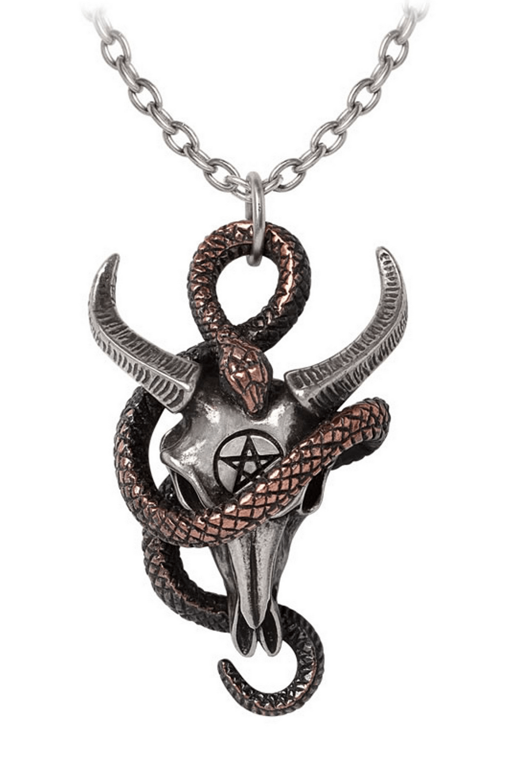 Occult Ram Skull Pendant with Serpent and Pentagram featuring intricate detailing and two-tone finish.
