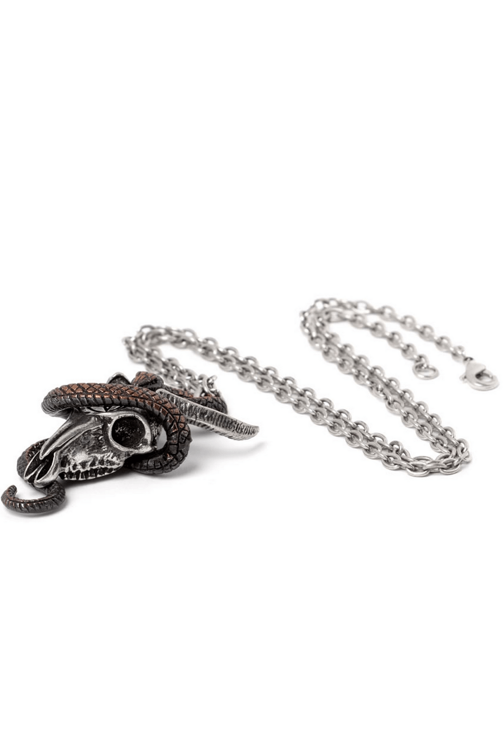 Occult Ram Skull Pendant with Serpent and Pentagram on a silver chain, showcasing intricate details.