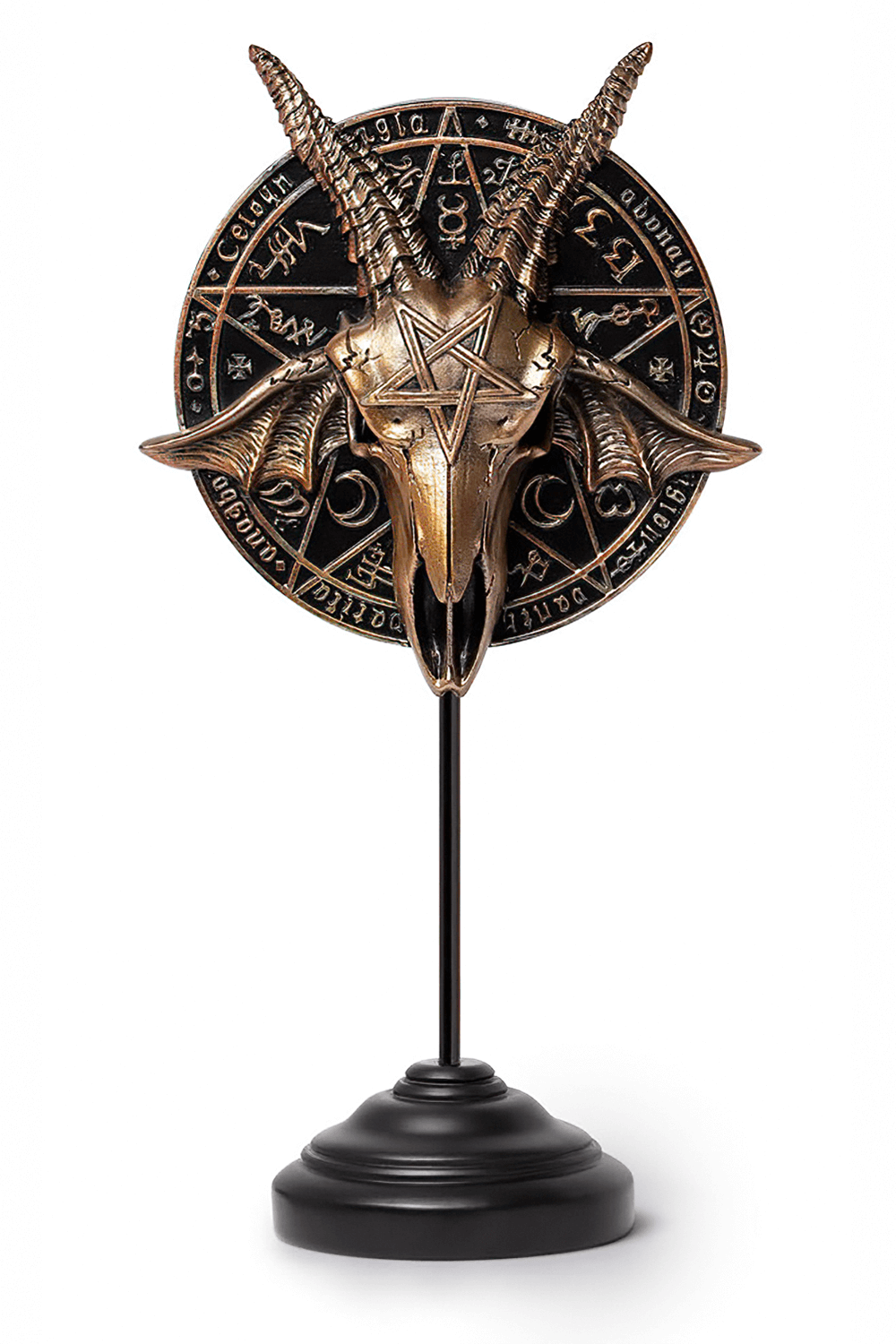 Occult ram skull wall plaque with pentagram symbol, gothic decor, Baphomet masque ornament, mystical art piece.