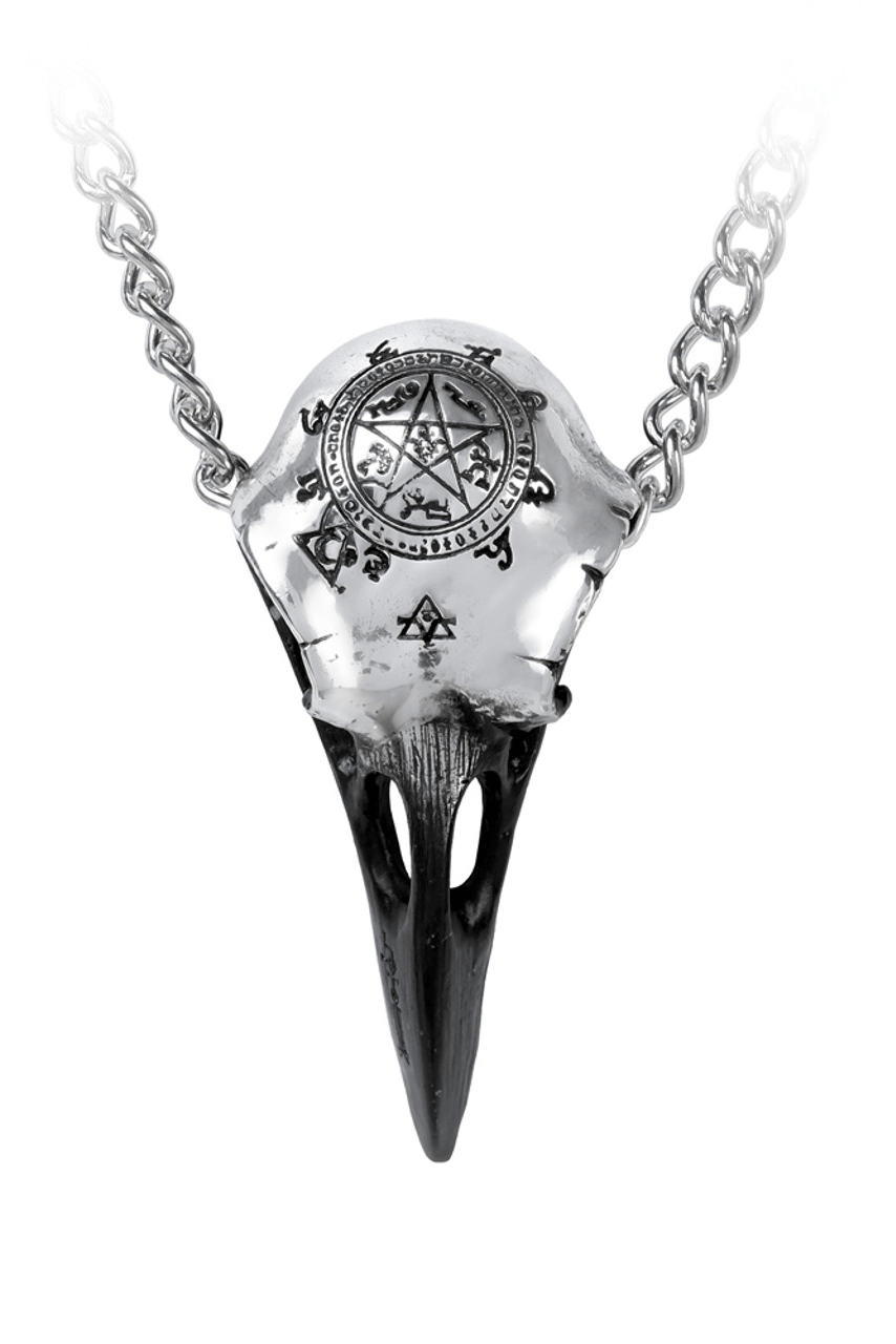 Occult raven skull pendant with sigil, gothic jewelry on a pewter chain, perfect for dark fashion.