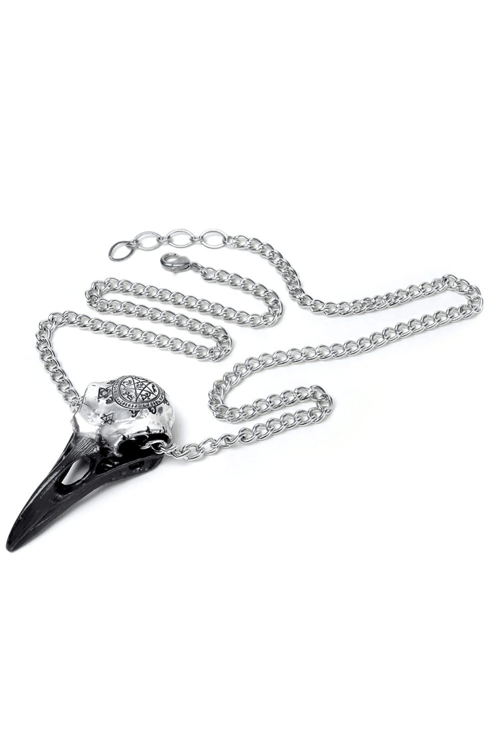 Occult raven skull pendant with sigil and pewter chain, perfect for gothic fashion and Norse mysticism enthusiasts.