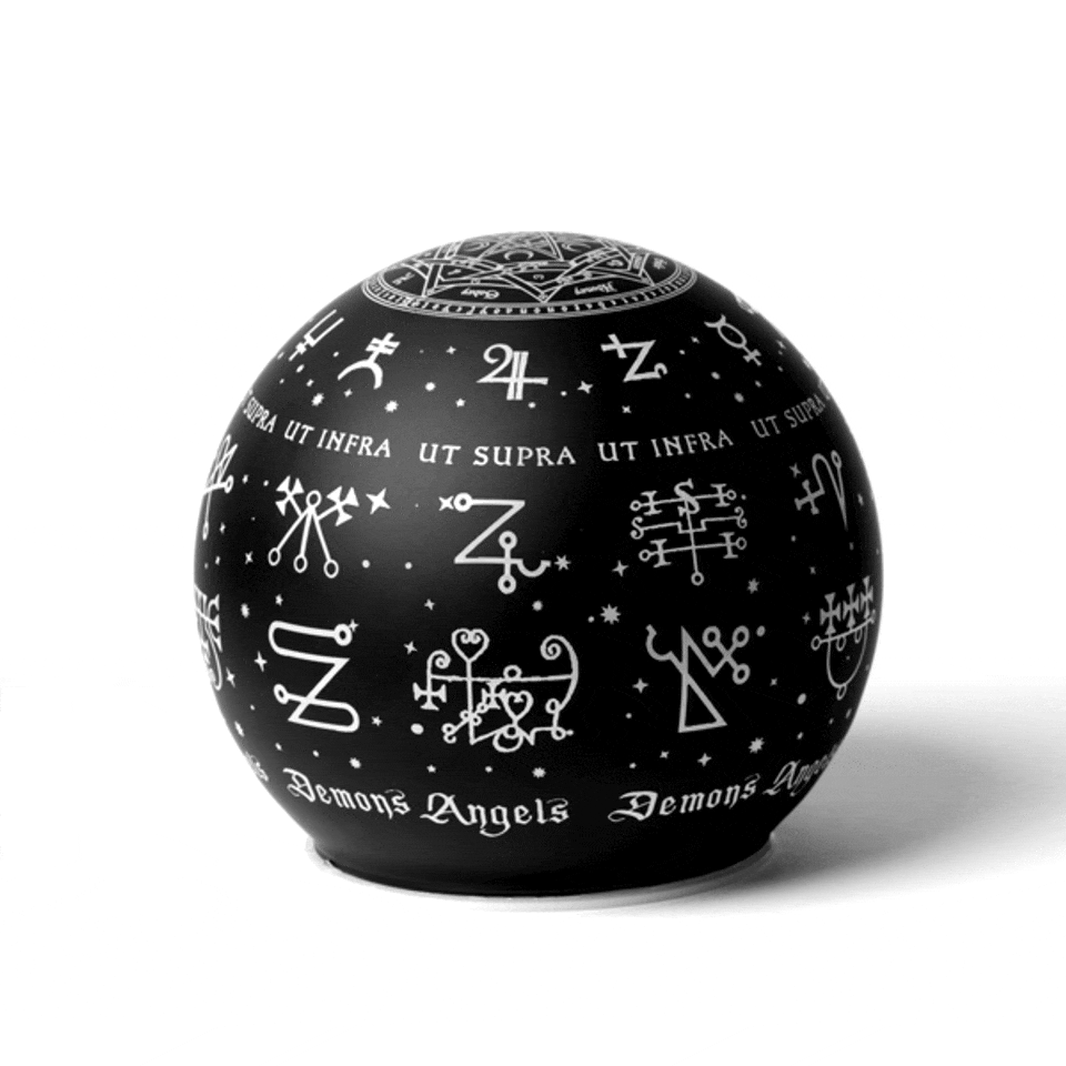 Occult Sigil Globe Lamp featuring angel and demon symbols, perfect for esoteric illumination of hidden knowledge.