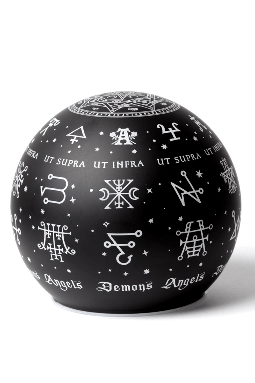 Occult Sigil Globe Lamp displaying angel and demon seals with esoteric symbols and celestial designs.