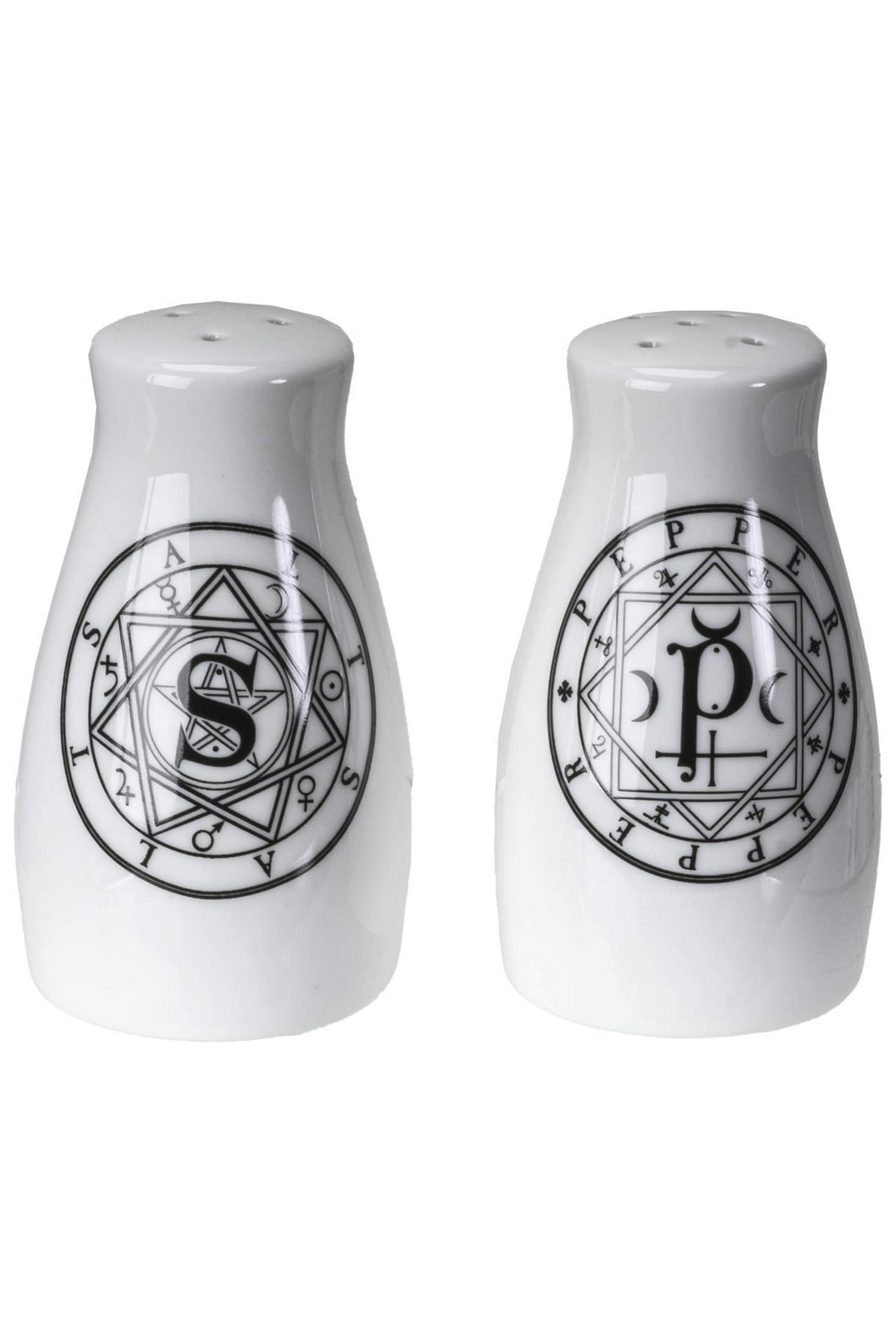 Occult sigil ceramic salt and pepper shaker set by Alchemy, perfect for gothic kitchens and witchy tables.