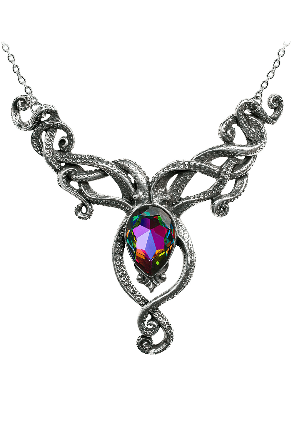 Octopus tentacle necklace with rainbow crystal jewel, inspired by deep-sea myths and nautical legends.