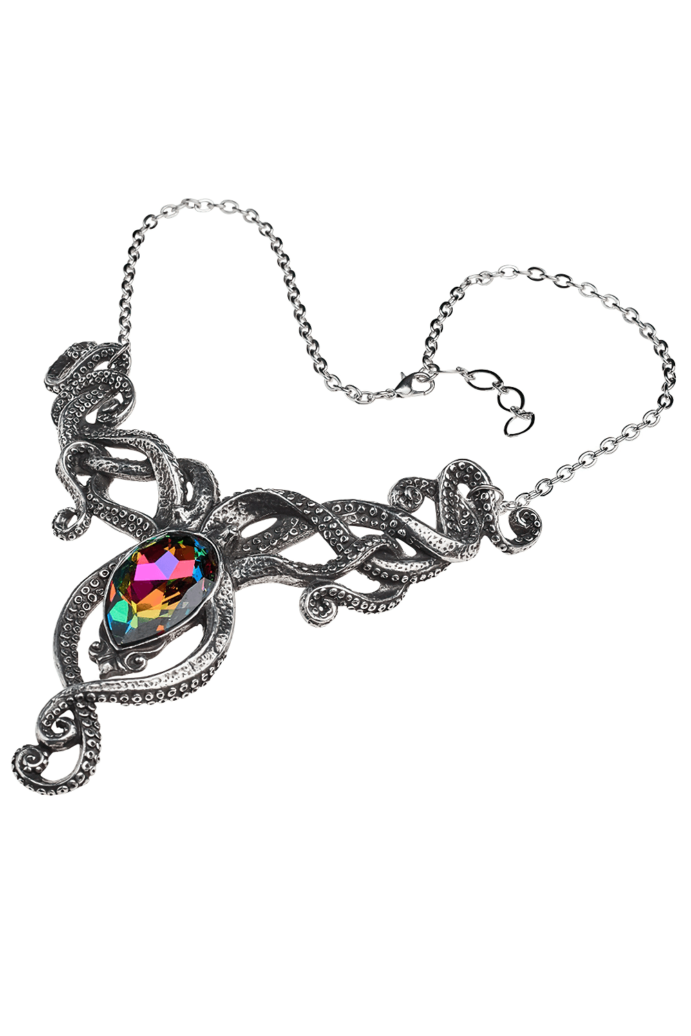 Stunning Kraken necklace with giant squid design and rainbow crystal jewel centerpiece.
