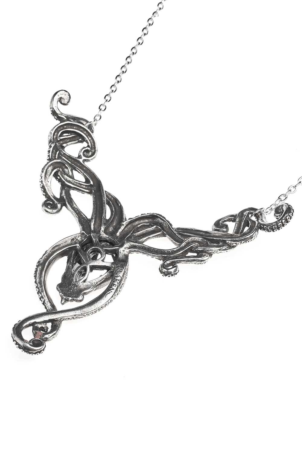 Antiqued pewter Kraken necklace with swirling tentacles and a sparkling Volcano crystal centerpiece.