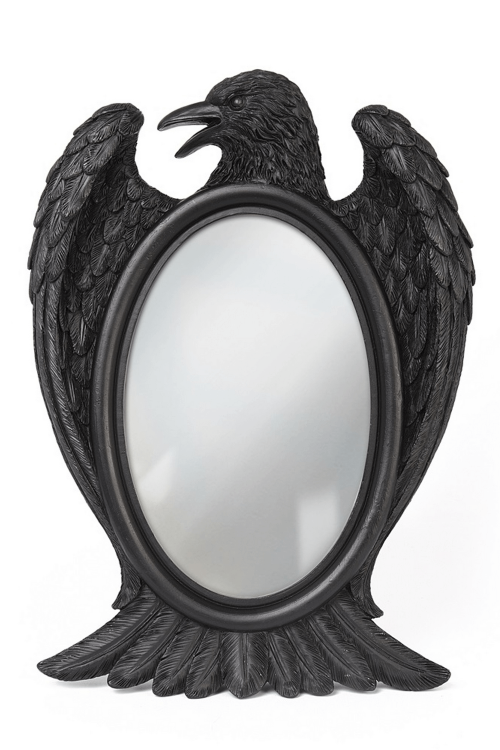 Odin's Raven resin mirror with black wings, perfect for gothic decor, showcasing intricate details and mythical charm.