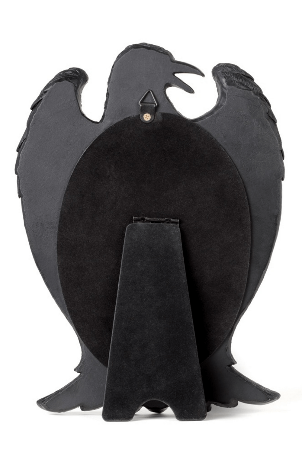 Back view of Odin's Raven resin mirror featuring black wings, perfect for gothic decor.