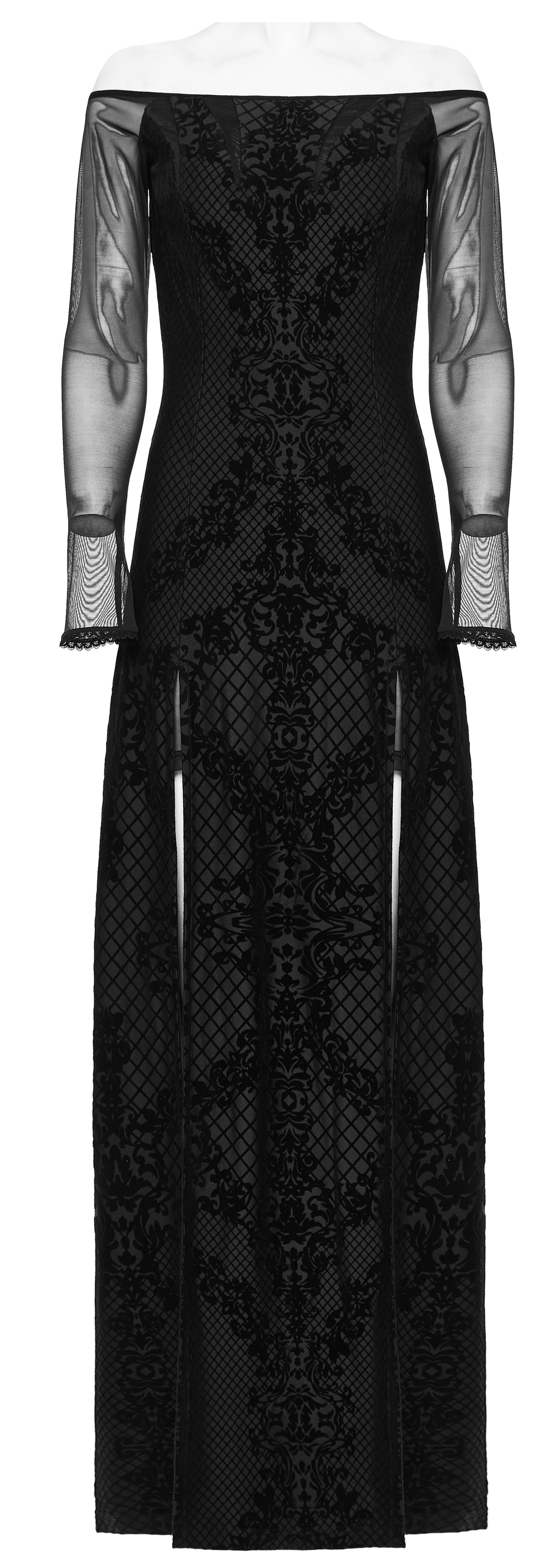 Off-Shoulder Gothic Flocked Maxi Dress - HARD'N'HEAVY