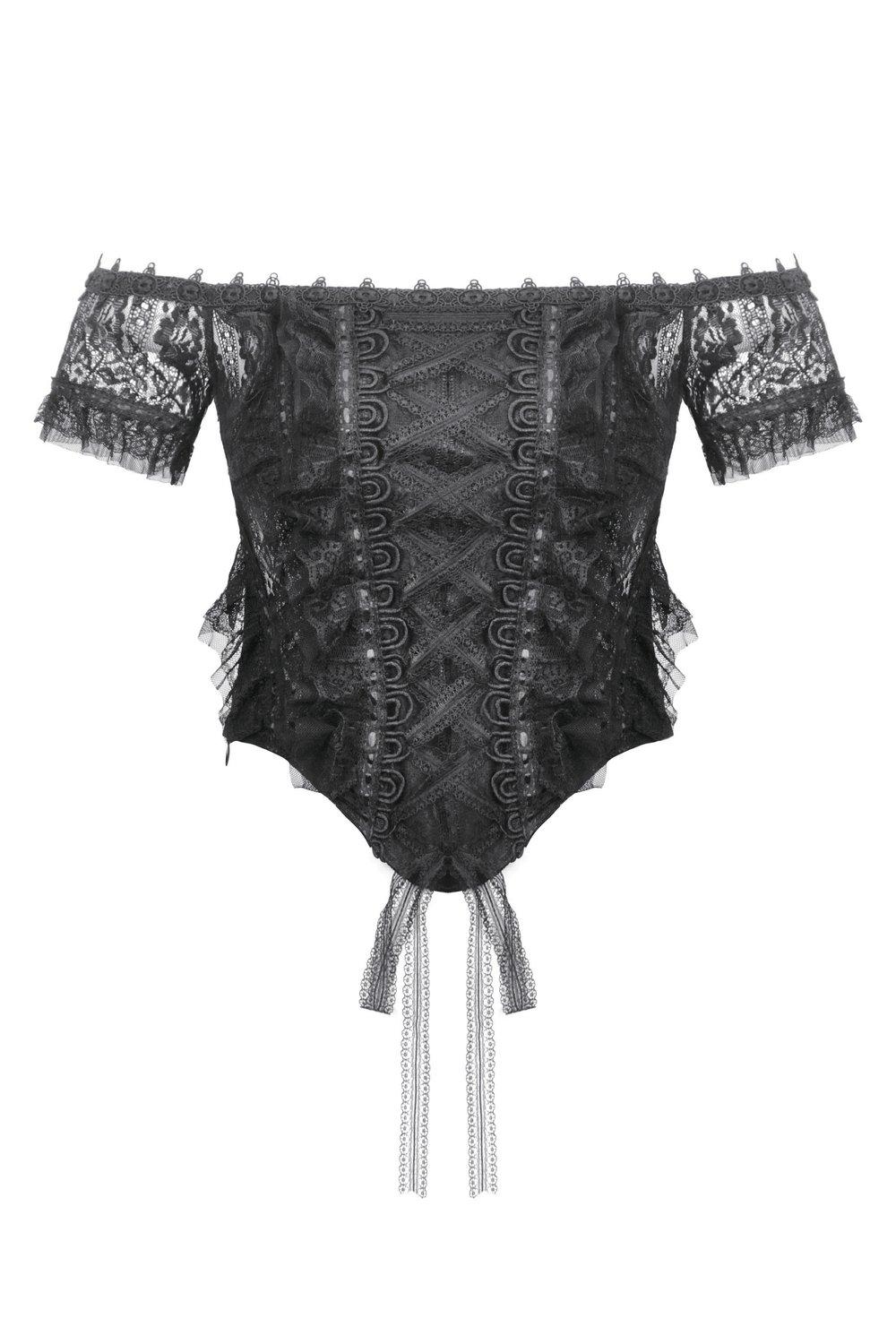 Off-shoulder black gothic top featuring lace trims and stylish ribbon details for a unique, edgy look.