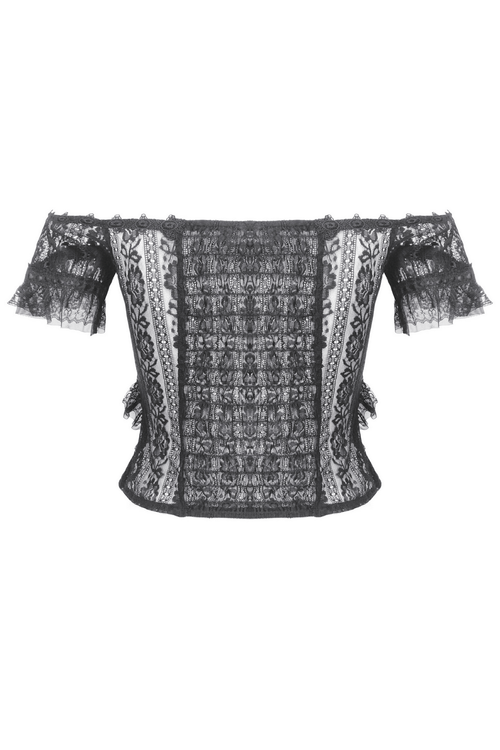 Off-shoulder lace-trimmed gothic top featuring elegant ribbon details and intricate lace patterns.