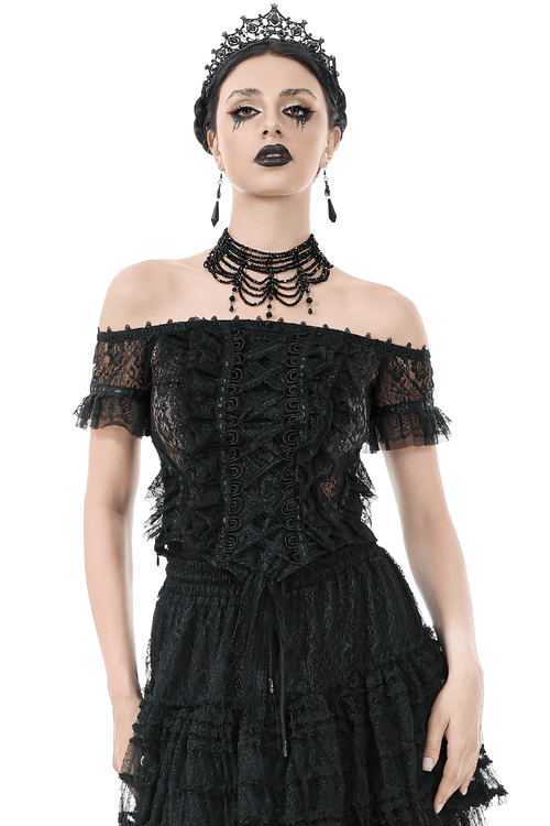 Schulterfreies, spitzenbesetztes Gothic-Top mit Banddetails