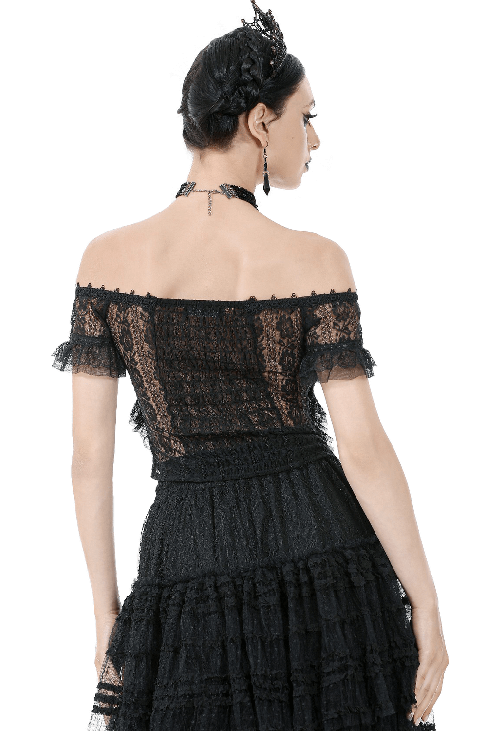 Back view of off-shoulder lace-trimmed gothic top with ribbon details, showcasing elegant lace and stylish design.