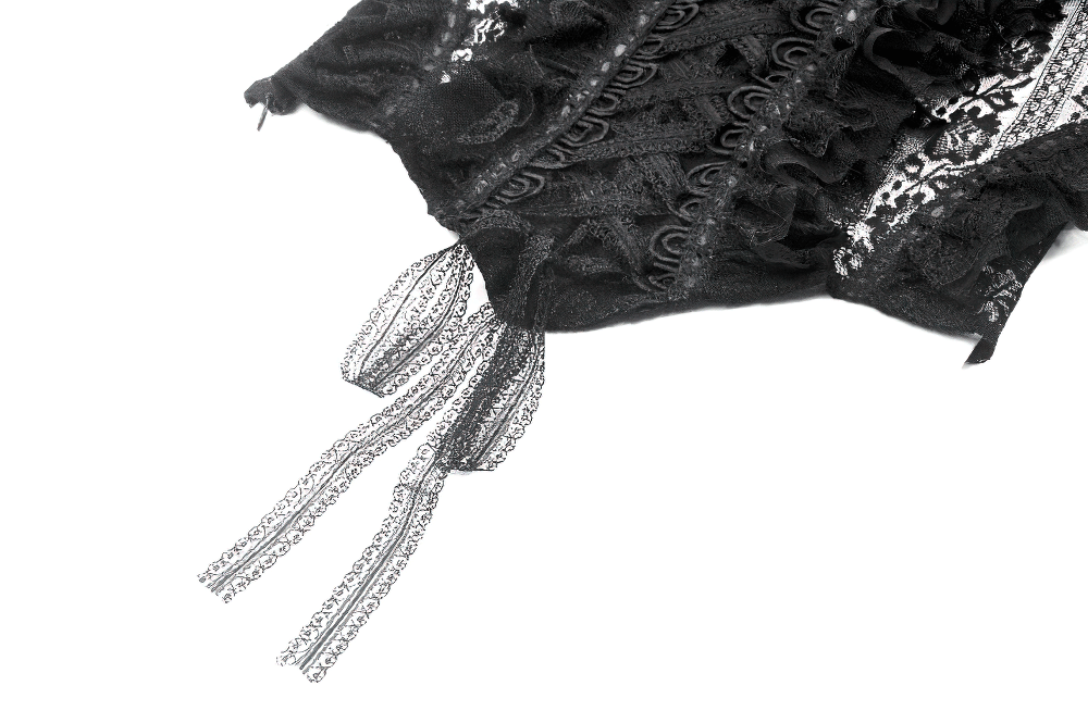 Off-shoulder lace-trimmed gothic top showcasing intricate ribbon details and elegant ruffles.