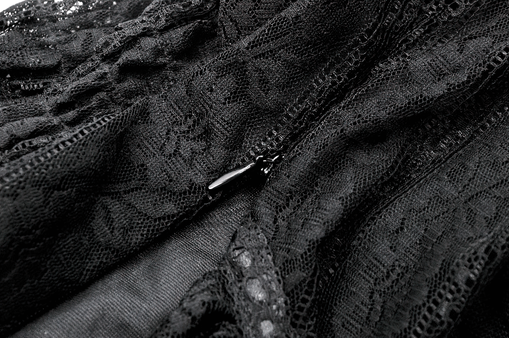 Close-up of the Off-Shoulder Lace-Trimmed Gothic Top showcasing intricate lace and zipper details.