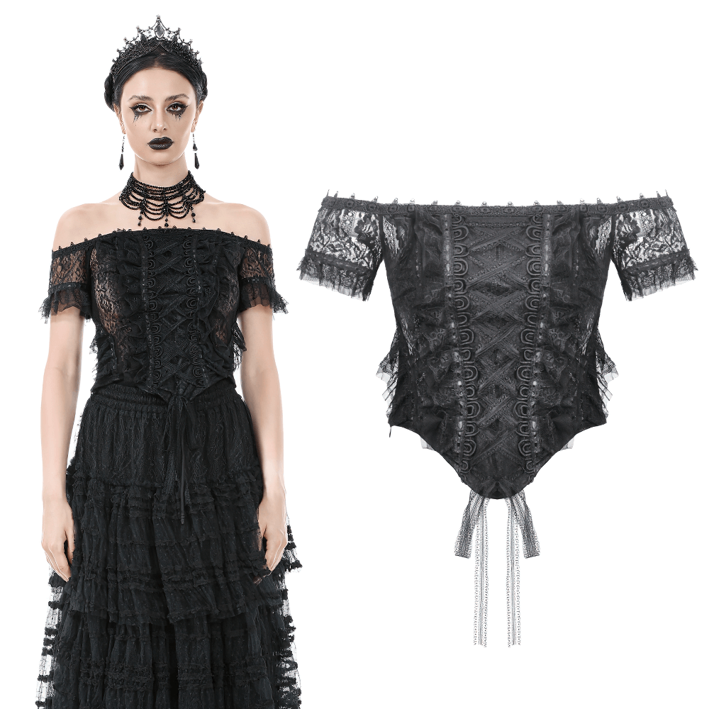 Off-shoulder gothic top with lace trim and ribbon details, perfect for edgy fashion lovers.