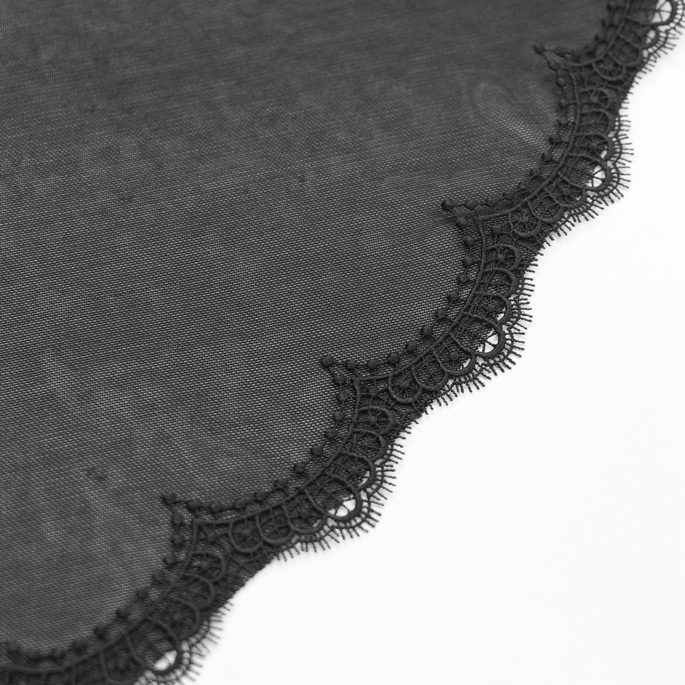 Close-up of black sheer fabric with intricate lace trim, perfect for gothic fashion embellishments.