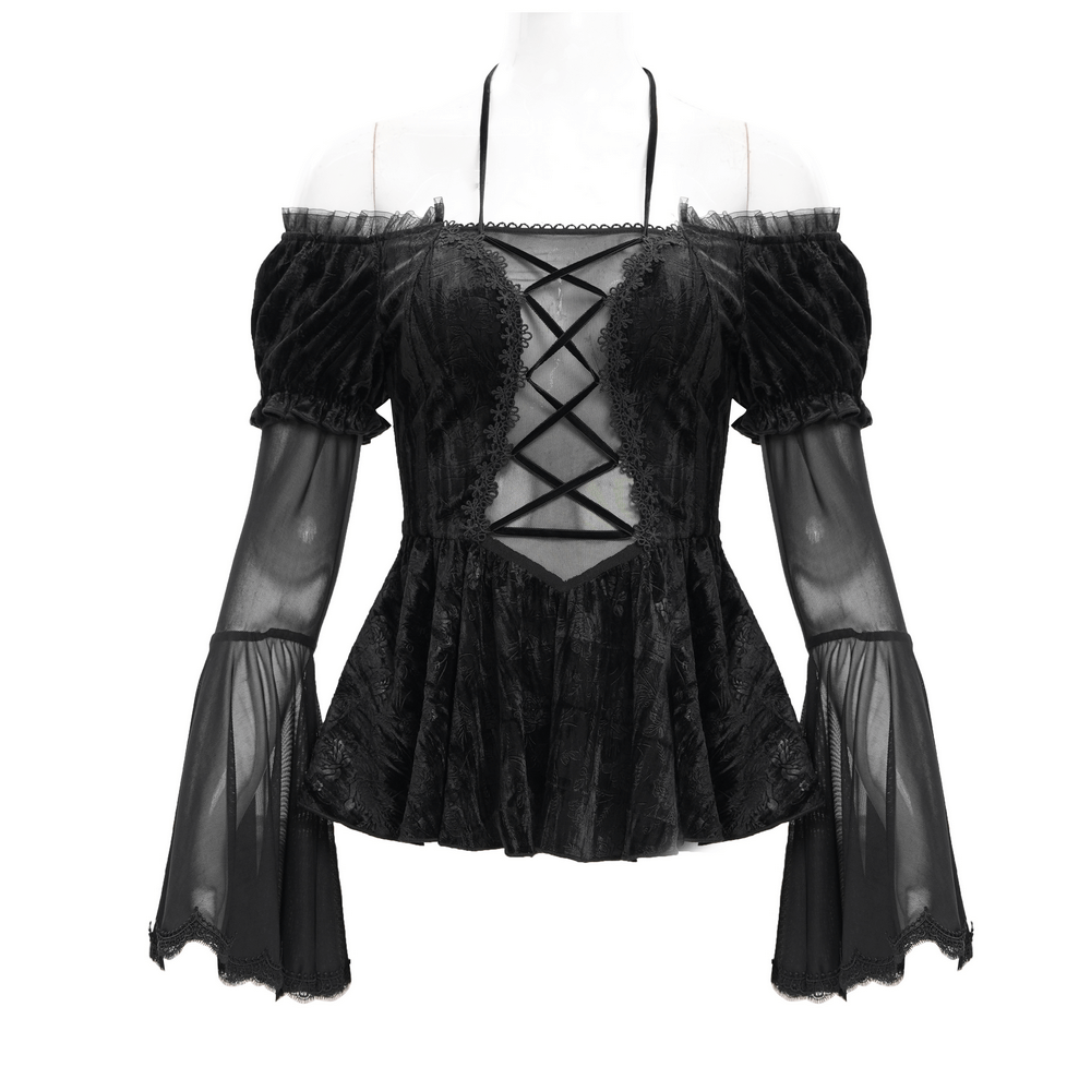 Off-shoulder velvet top with sheer sleeves and lace-up detailing, perfect for gothic fashion.