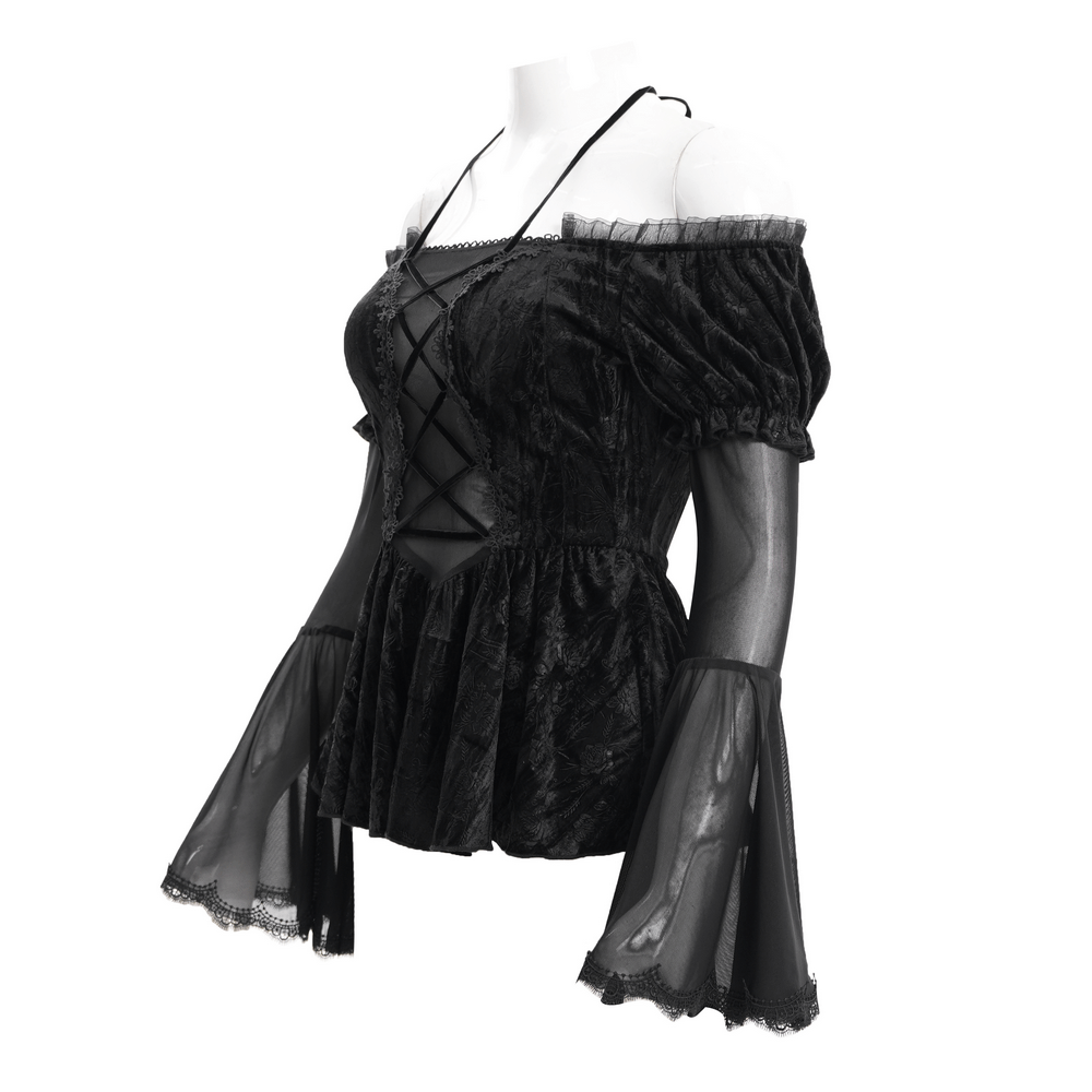 Gothic off-shoulder velvet top with sheer bell sleeves and lace trim, featuring a flattering peplum hem.