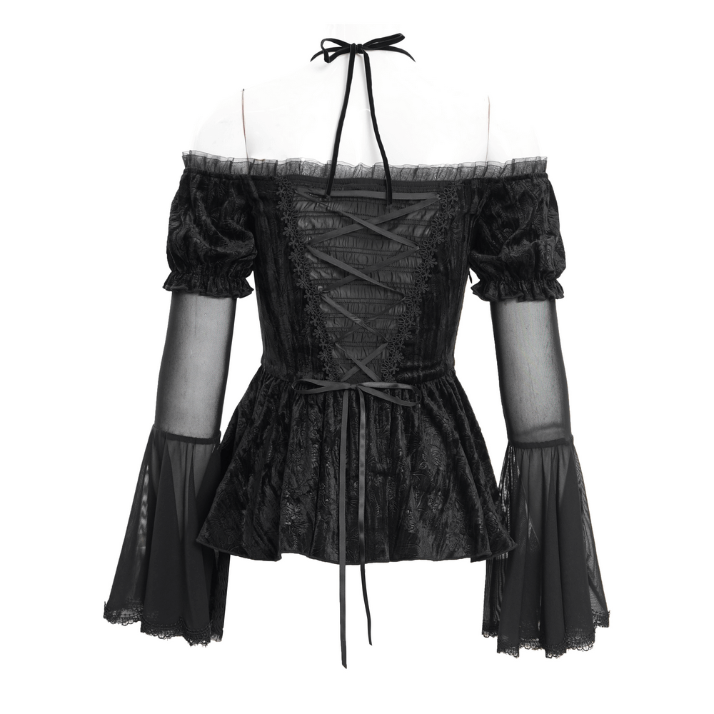 Off-shoulder black velvet top with lace-up back and sheer bell sleeves, perfect for gothic fashion enthusiasts.