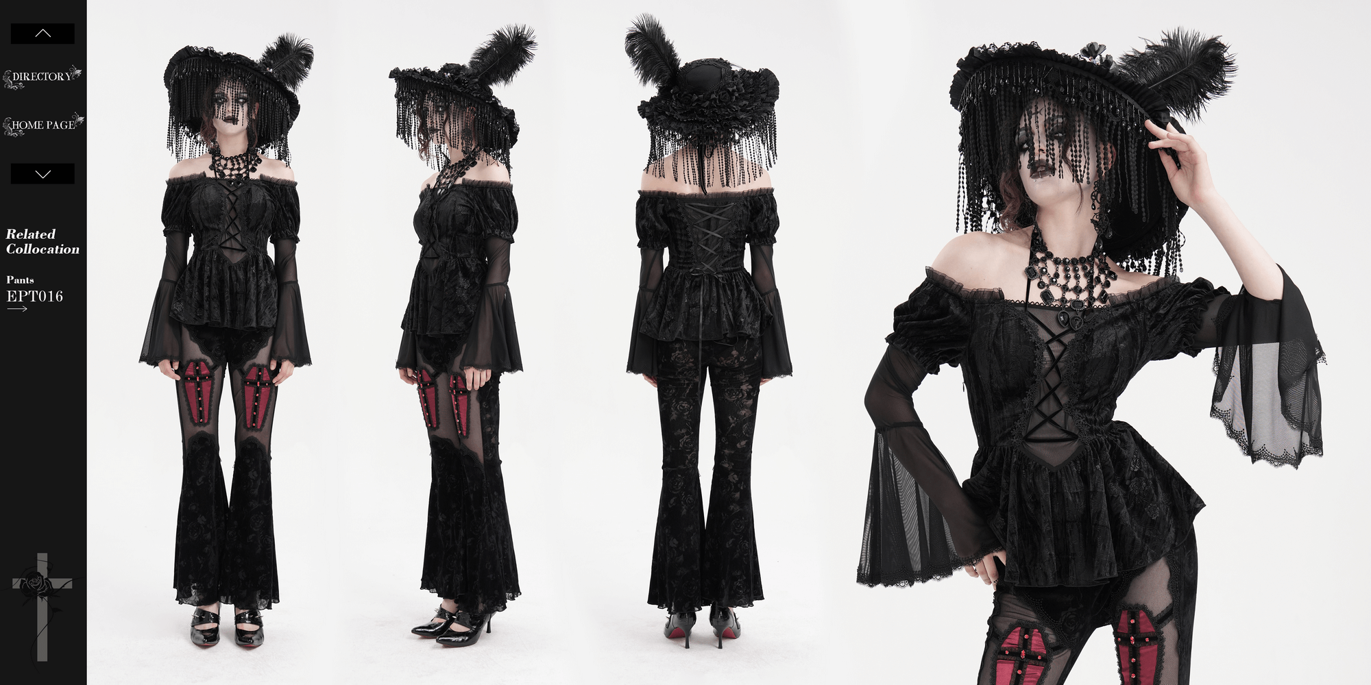 Gothic elegance in an off-shoulder velvet top with sheer bell sleeves and lace detailing, paired with spooky accessories.